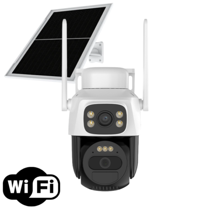 Cameră Supraveghere Duală WiFi SecureHomes cu 2 Lentile 3MP, Baterie 6000mAh, Panou Solar 8W