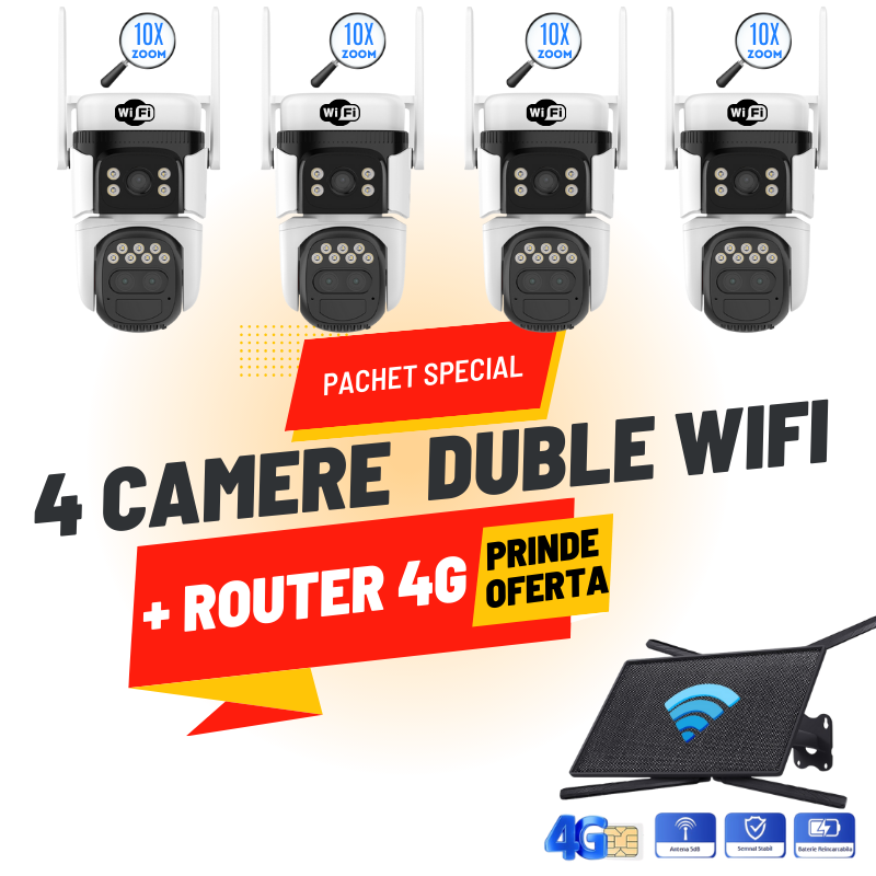 Sistem de Supraveghere SecureHomes – 4 camere Duble WiFi cu Zoom 10X + Router 4G