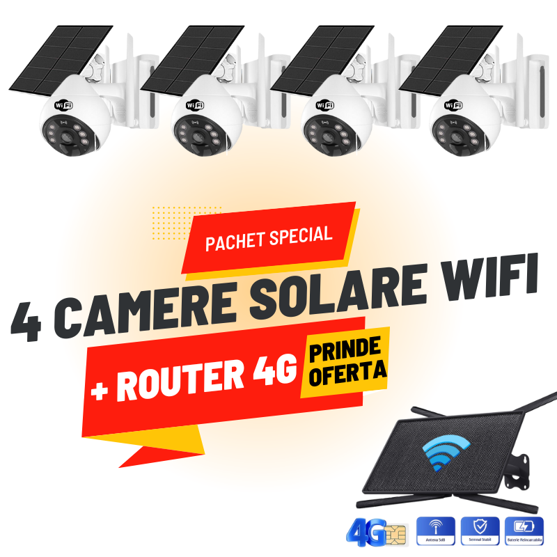 Sistem de supraveghere solar SecureHomes cu 4 camere wifi si router 4G