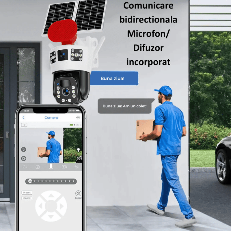 Camera include microfon și difuzor pentru comunicare directă prin aplicație. Poți vorbi cu persoanele aflate în fața camerei în timp real. Utilă pentru interacțiuni cu vizitatori sau curieri.