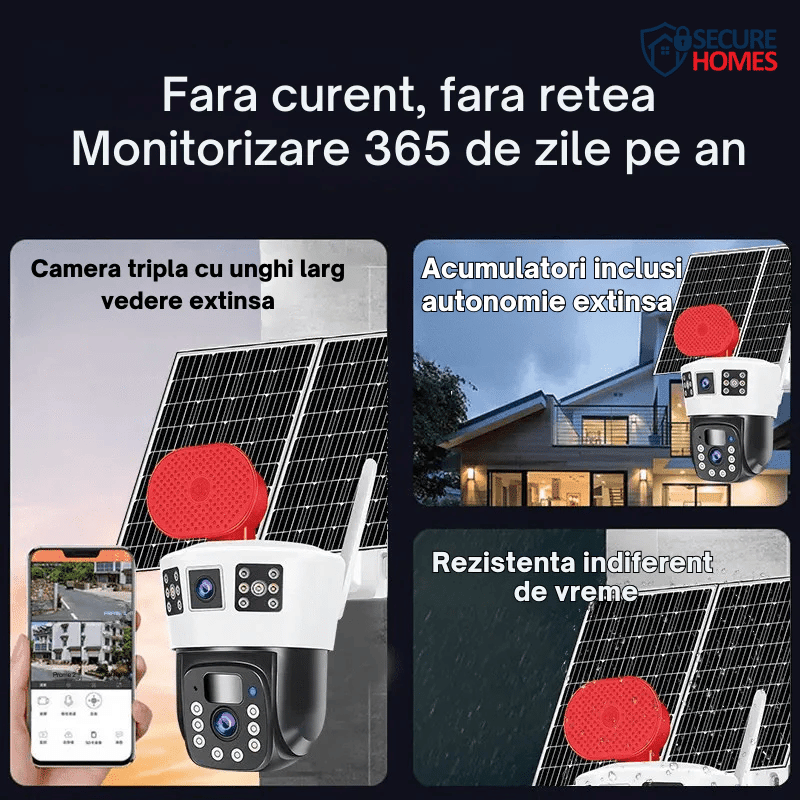 Funcționează cu panou solar și acumulatori incluși pentru autonomie extinsă. Nu necesită alimentare constantă la priză. Potrivită pentru zone izolate sau locații fără infrastructură electrică.
