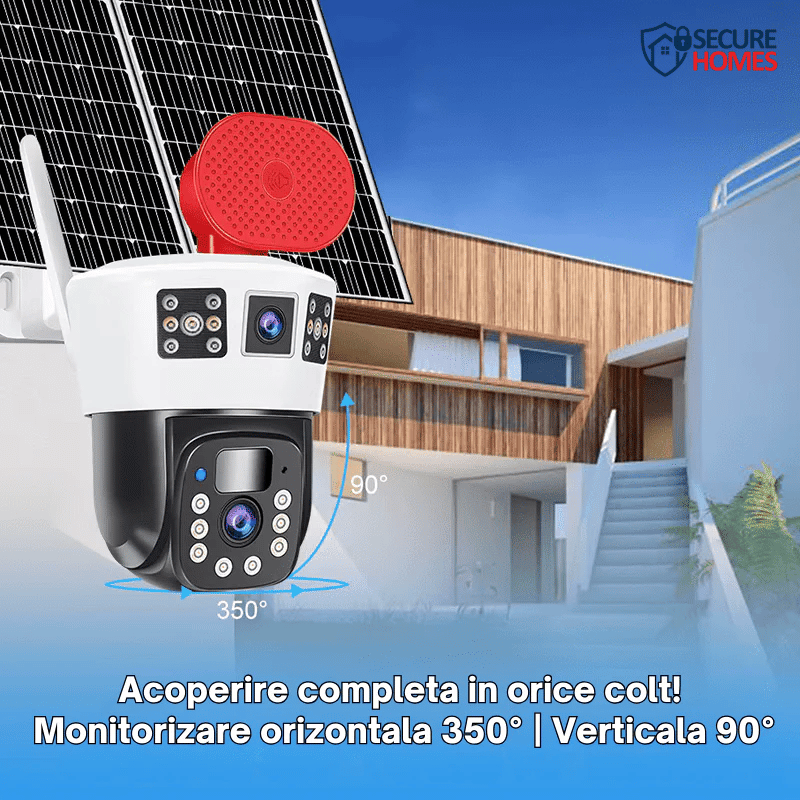 Camera permite rotație orizontală de 350° și verticală de 90°. Asigură monitorizare aproape completă a perimetrului. Controlul direcției se realizează direct din aplicație.