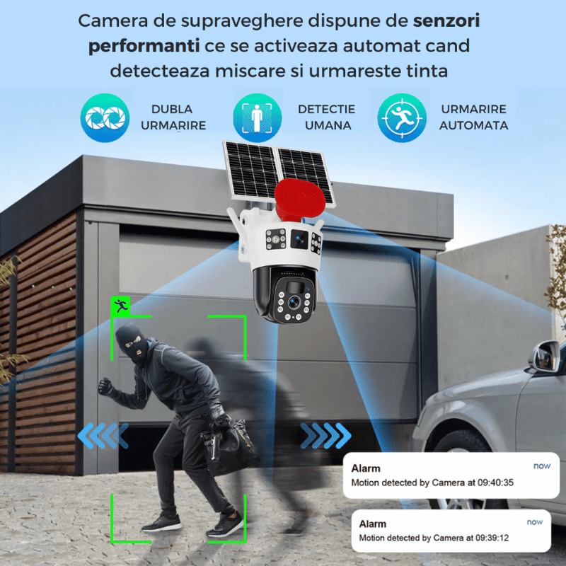 Sistemul activează automat înregistrarea la detectarea mișcării. Poate urmări ținta în câmpul vizual pentru monitorizare continuă. Funcție utilă pentru supravegherea curții, garajului sau intrării.