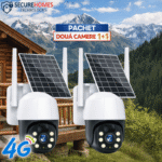 Pachet 2 Camere de Supraveghere Solare Exterior 4G Cartela SIM 5 MP, Full HD, Panou Solar 10W Rezistente La Apa IP 66 + Card 64GB, Zoom 10X