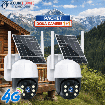 Pachet 2 Camere de Supraveghere Solare Exterior 4G Cartela SIM 5 MP, Full HD, Panou Solar 10W Rezistente La Apa IP 66 + Card 64GB, Zoom 10X