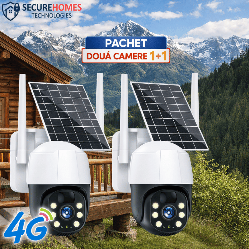Pachet 2 Camere de Supraveghere Solare Exterior 4G Cartela SIM 5 MP, Full HD, Panou Solar 10W Rezistente La Apa IP 66 + Card 64GB, Zoom 10X