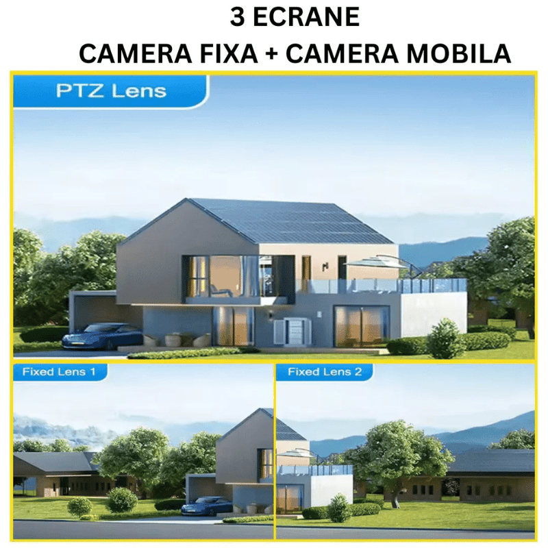Permite afișarea simultană a imaginii din lentila fixă și cea mobilă. Oferă perspectivă largă și posibilitatea de focalizare pe detalii. Ideală pentru supravegherea completă a proprietății.