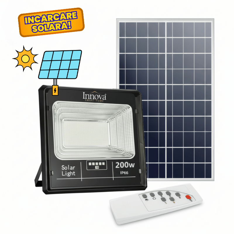 Proiector LED INNOVA 200W Cu Panou Solar si telecomanda, IP66 (1)