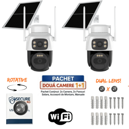 Cameră Supraveghere Duală WiFi SecureHomes cu 2 Lentile 3MP, Baterie 6000mAh, Panou Solar 8W