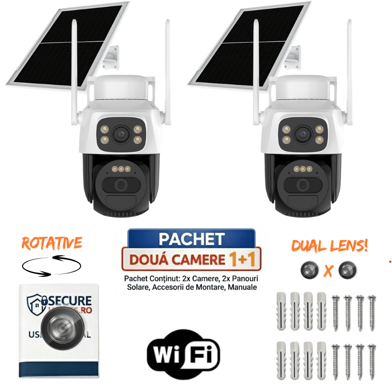 Cameră Supraveghere Duală WiFi SecureHomes cu 2 Lentile 3MP, Baterie 6000mAh, Panou Solar 8W