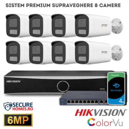 Sistem Premium 8 Camere de supraveghere Hikvision IP, PoE, 6MP, Dual Light, microfon, NVR 8 canale AcuSense, HDD 4TB Inclus (5)1