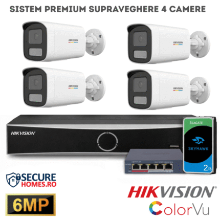 Sistem Premium 8 Camere de supraveghere Hikvision IP, PoE, 6MP, Dual Light, microfon, NVR 8 canale AcuSense, HDD 4TB Inclus (8)