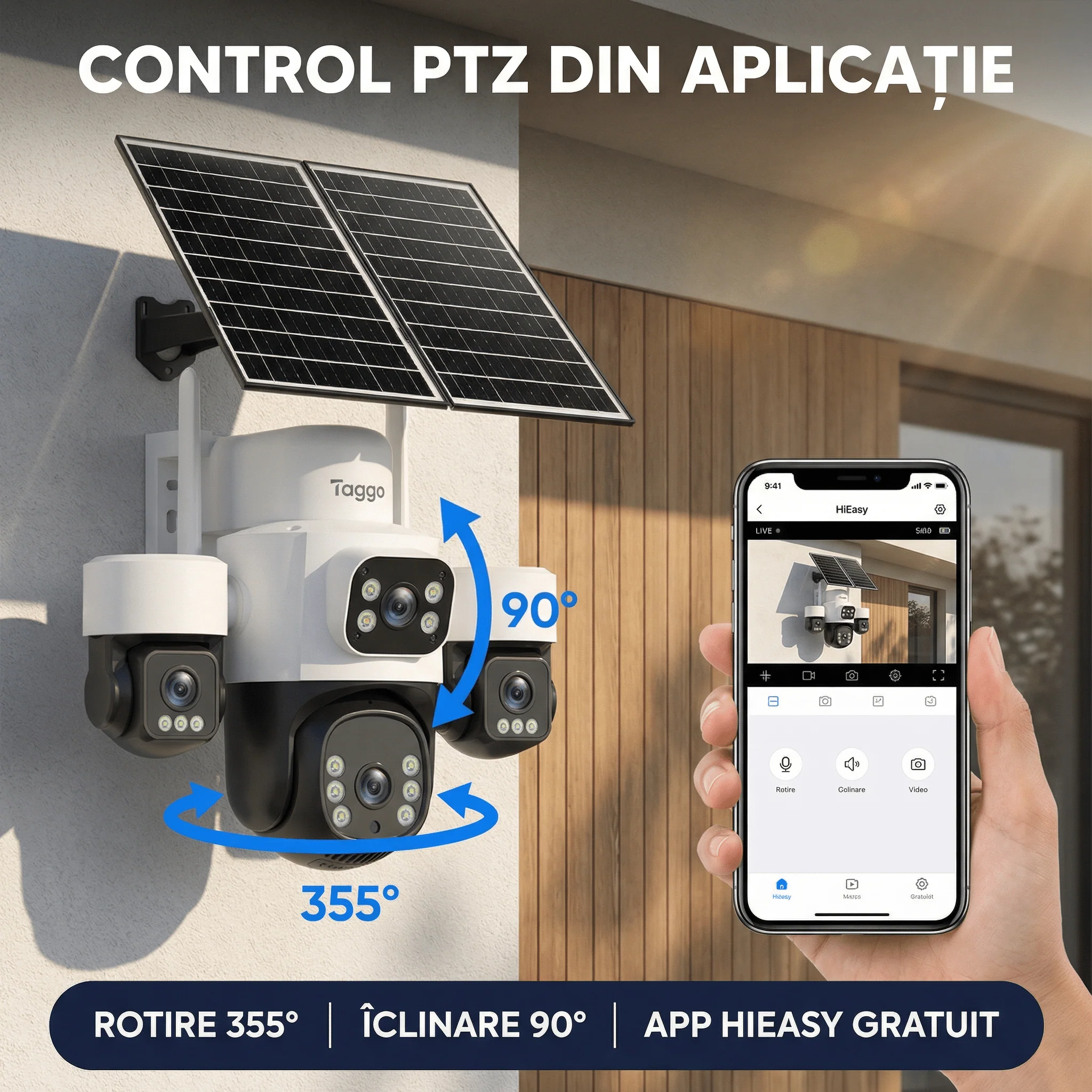 Camera de Supraveghere Taggo Pro Q50 cu 4 Lentile, 16MP, Dublu Panou Solar 20W, Conexiune 4G si eSIM, Control Aplicatie, Viziune Color si IR, Comunicare Bidirectionala, Protectie IP66, App HiEasy - imagine 5