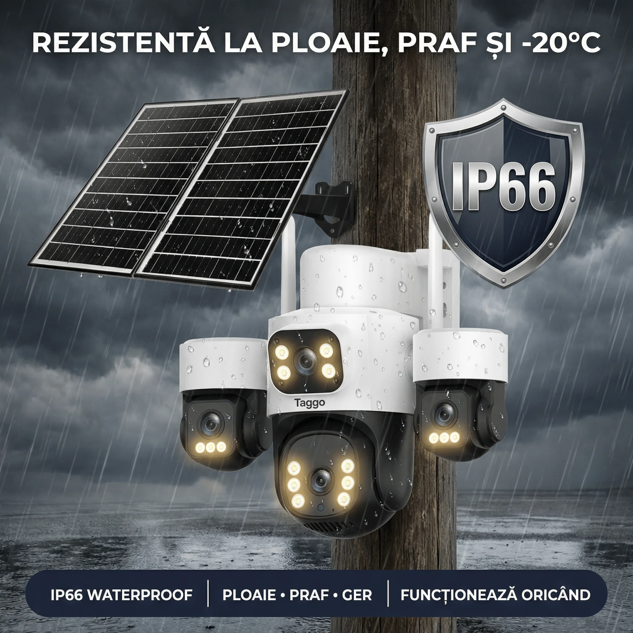 Camera de Supraveghere Taggo Pro Q50 cu 4 Lentile, 16MP, Dublu Panou Solar 20W, Conexiune 4G si eSIM, Control Aplicatie, Viziune Color si IR, Comunicare Bidirectionala, Protectie IP66, App HiEasy - imagine 1