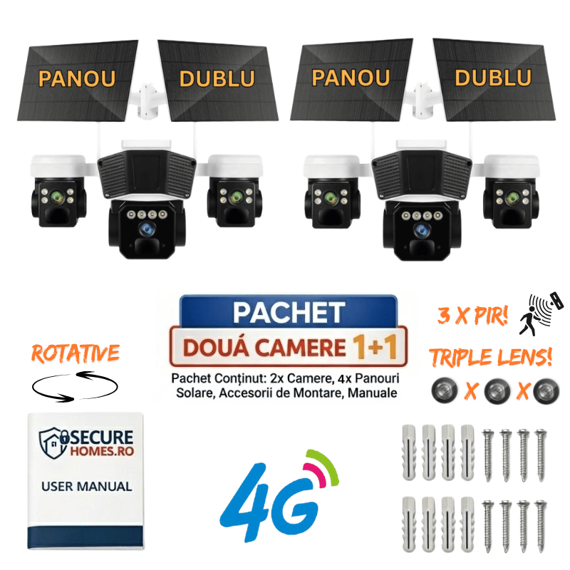 Pachet Camera Supraveghere Solara 4G Galileo Tiple Lens, 3 Llentile, 3 Senzori PIR, Baterie 12000mAh, Viziune Nocturna Aplicatie O-KAM Pro