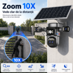Camera de supraveghere 4G 4K 12MP Crocodil AOV cu panou solar, 4 lentile, zoom optic 10x, comunicare bidirectionala, senzor detectie PIR, viziune nocturna, rezistenta la apa