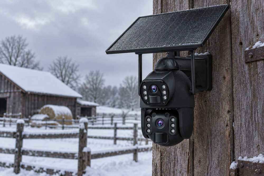 Cameră solară SecureHomes 4G pe un hambar în timpul iernii, cu cer înnorat și zăpadă