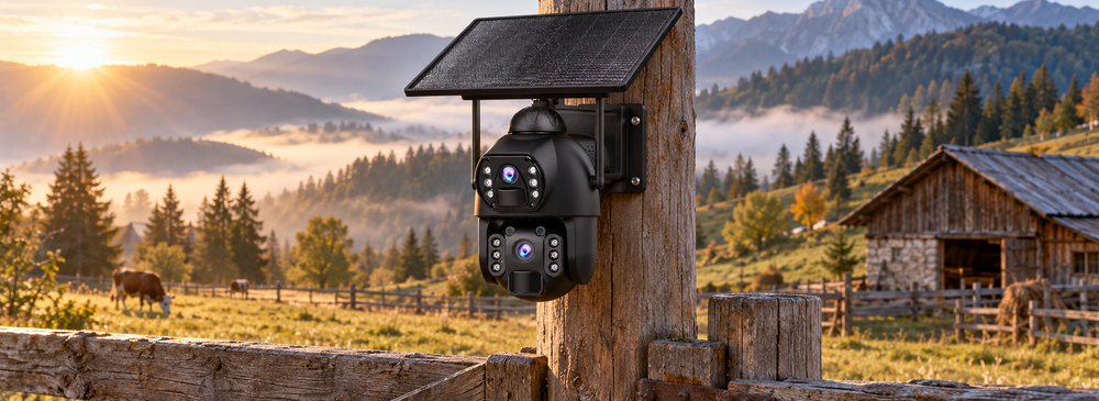 Cameră solară 4G montată la poarta unei ferme de munte