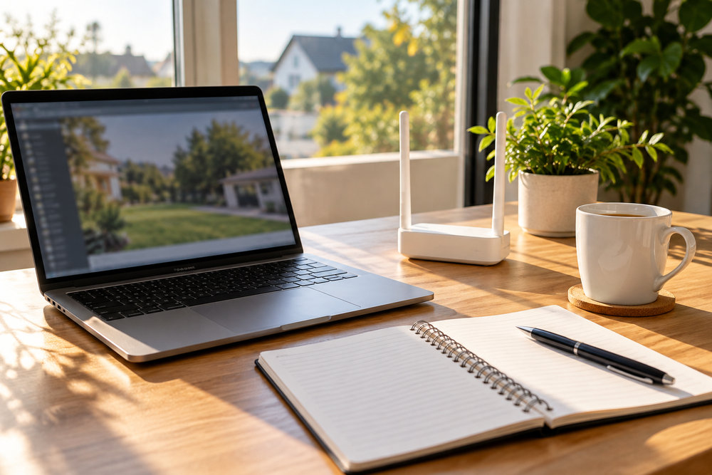 Birou cu laptop, router 4G și carnețel pentru calculul consumului de date