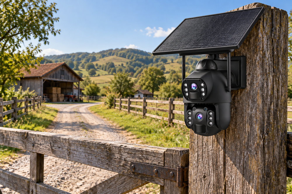 Cameră dublă SecureHomes 4G cu panou solar montată pe stâlpul porții unei ferme izolate