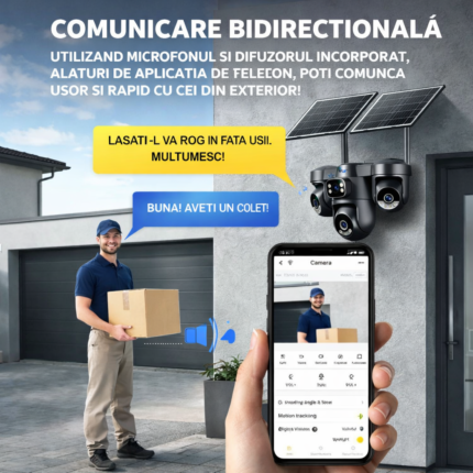 Comunicare audio bidirecțională între curier și proprietar prin camera Taggo 4G și aplicația O-KAM Pro
