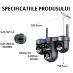 Dimensiunile camerei Taggo 4G și pozițiile slotului SIM, slotului de card, microfonului și LED-urilor