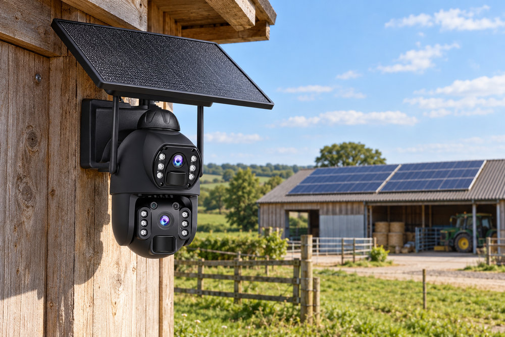 Cameră solară autonomă pe șopron și sistem fotovoltaic separat pe o altă clădire a fermei