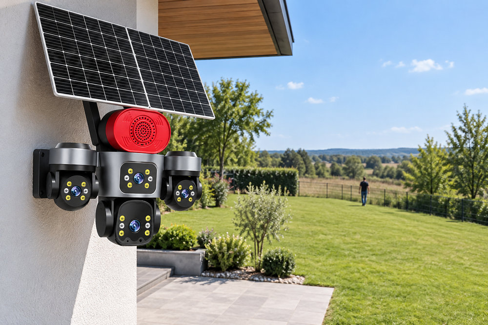 Camera solară Q70 Pro montată pe colțul casei, cu o persoană aflată departe în curte