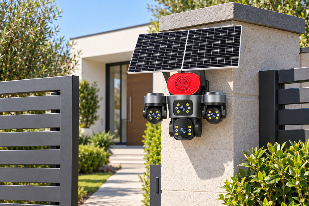 Camera solară Q70 Pro montată pe stâlpul porții pentru supravegherea accesului pietonal
