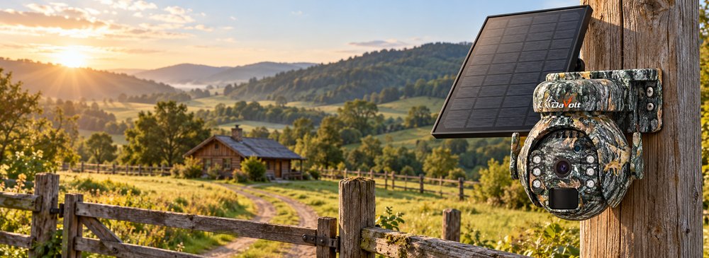 Camera DaVolt Vexa S1 cu panou solar montată pe un stâlp la poarta unei cabane din zona rurală.