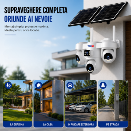 Camera WiFi solară Taggo cu 4 lentile folosită pentru grădină, casă, parcare și stradă