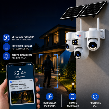 Cameră WiFi solară Taggo care detectează o persoană noaptea și trimite notificare pe telefon