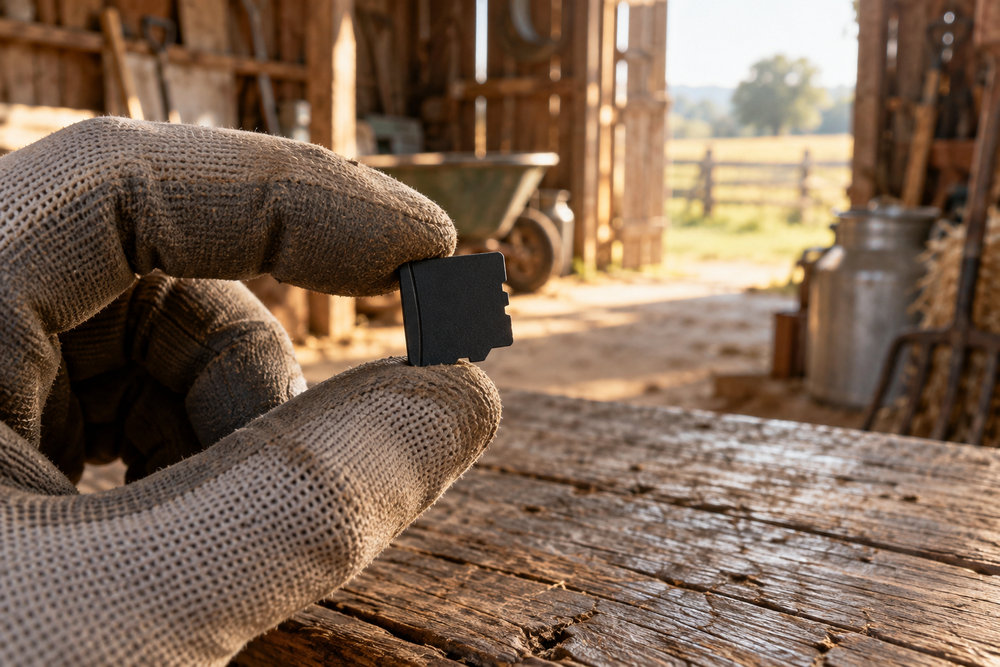 Card microSD negru ținut cu o mănușă de lucru într-o magazie de fermă