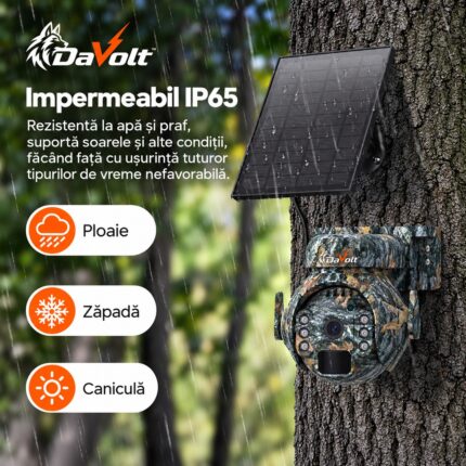 Camera DaVolt Vexa S1 cu protecție IP65 montată pe copac, în ploaie