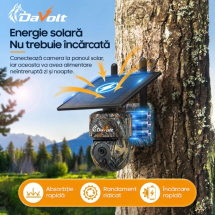 Camera DaVolt Vexa S2 pe copac, cu panou solar care reîncarcă bateria