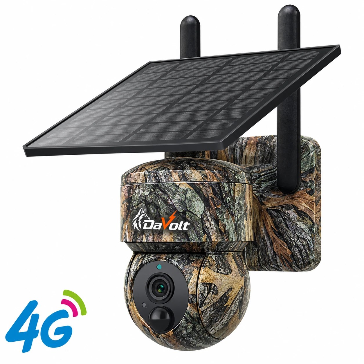 DaVolt Vexa S2 – cameră 4G solară PTZ DaVolt Vexa S2, cameră 4G solară PTZ cu două antene, carcasă camuflaj și panou solar