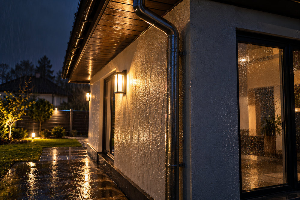 Reflexiile iluminatului exterior pe peretele umed, burlan și fereastră într-o noapte ploioasă.