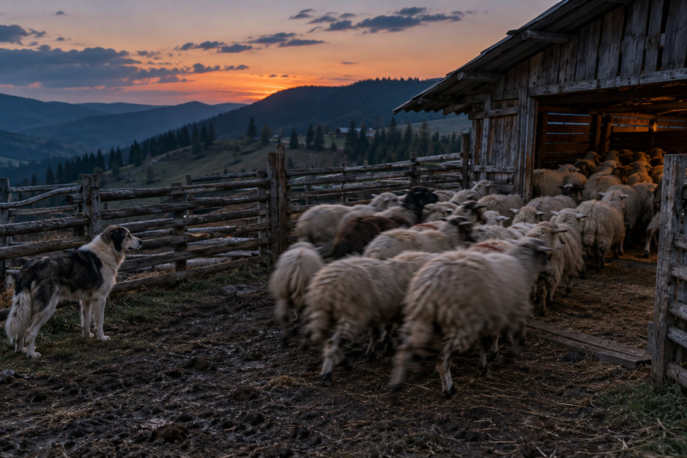 Oi care intră în adăpost la amurg, supravegheate de un câine ciobănesc