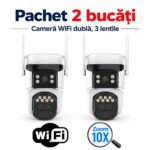 Pachet 2 bucăți camere de supraveghere WiFi duble cu 3 lentile și zoom 10X