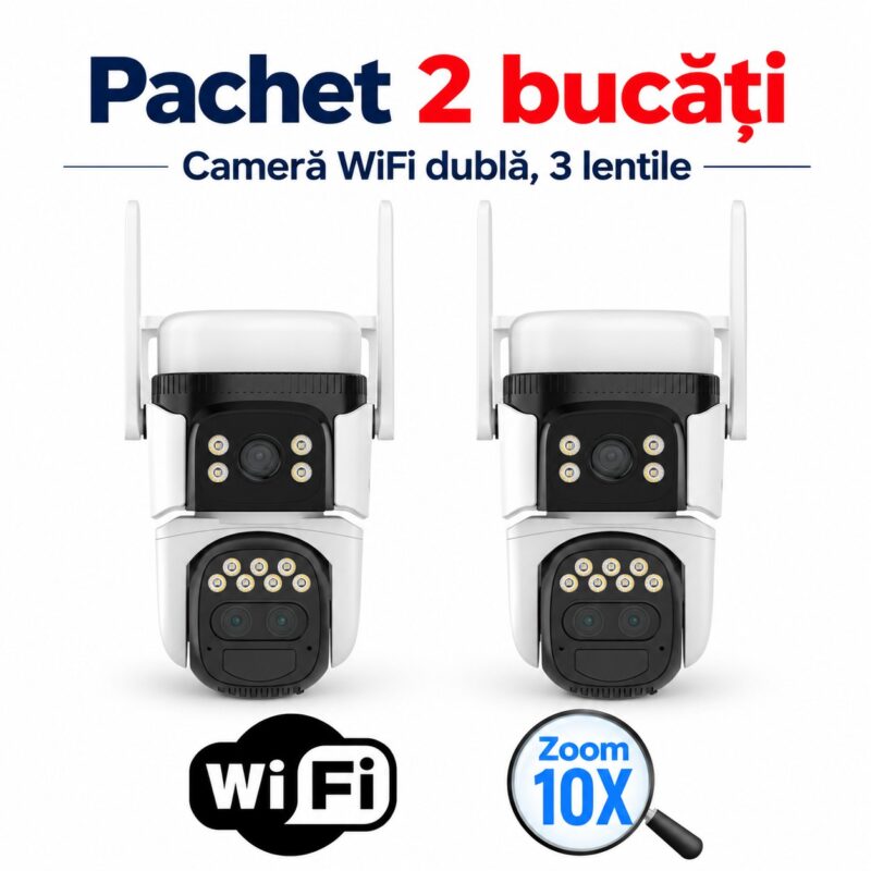 Pachet 2 bucăți camere de supraveghere WiFi duble cu 3 lentile și zoom 10X