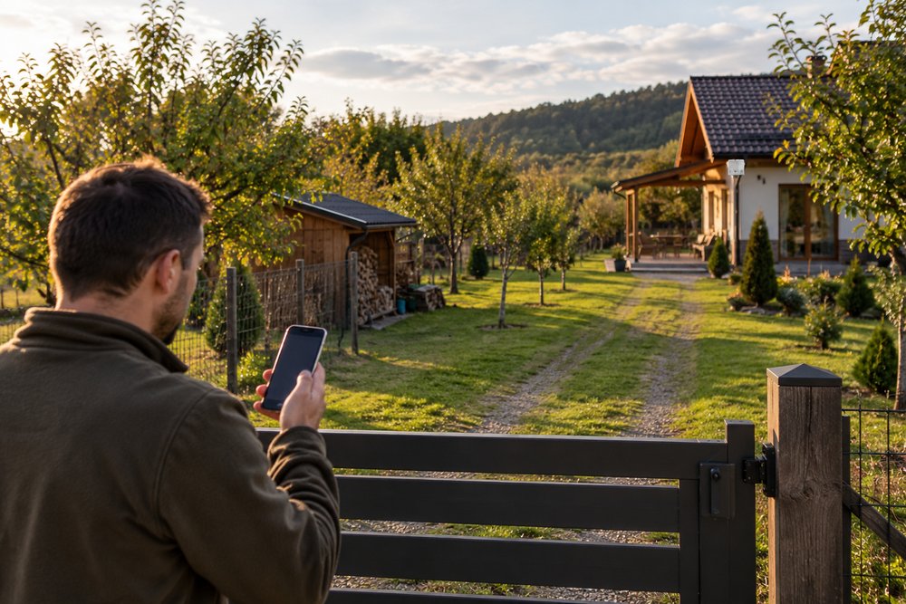 Un bărbat verifică pe telefon semnalul Wi-Fi la poarta curții, departe de casa cu punct de acces exterior.
