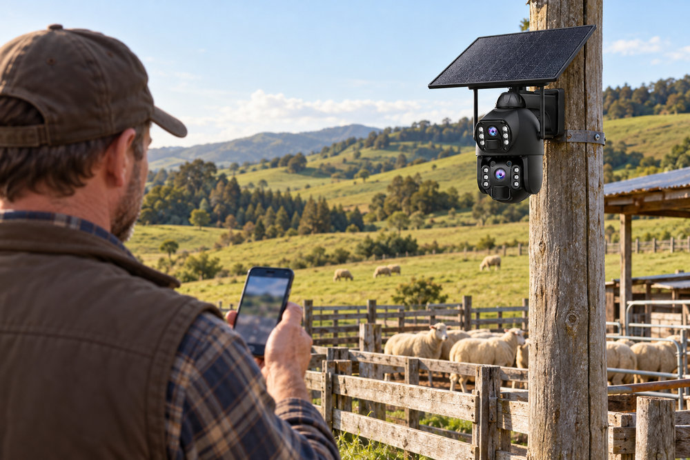 Fermier verificând pe telefon camera solară 4G montată lângă țarcul cu oi